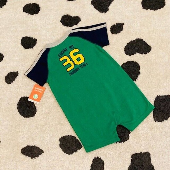 NWT Carter's Boy 18 Months Green Blue Tractor Sports Romper One Piece Playsuit - Picture 2 of 10
